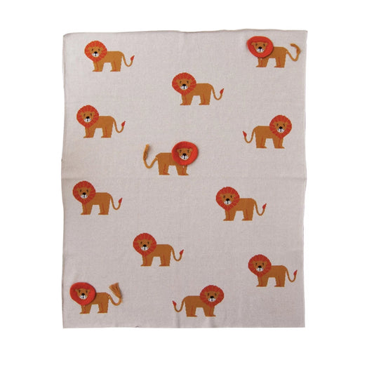 COTTON KNIT BABY BLANKET W LIONS & APPLIQUE MANES