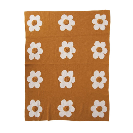 COTTON KNIT BABY BLANKET WITH FLOWERS & TUFTING