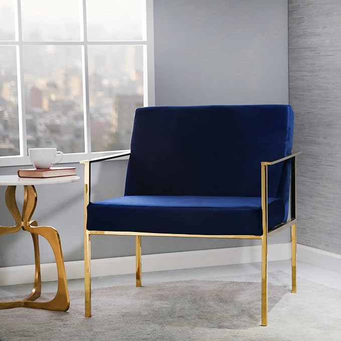 METAL VELVETEEN ARM CHAIR BLUE AND GOLD