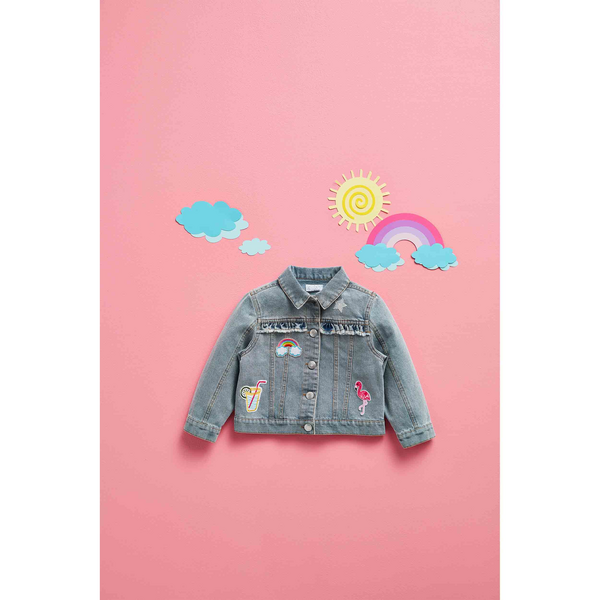 DENIM RUFFLE JACKET WITH PATCHES SMALL 12-18 MONTHS